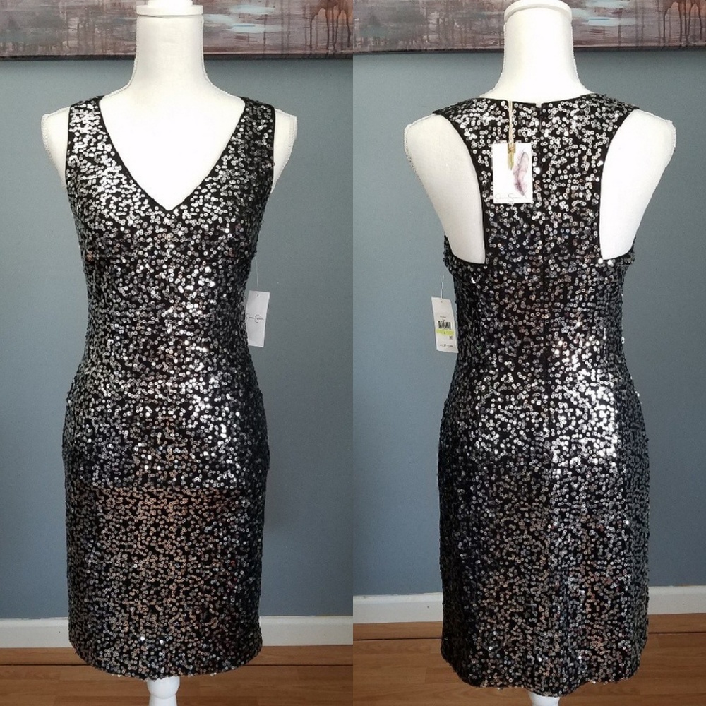 NWT JessicaSimpson Black Silver Sequin VNeck Dress
